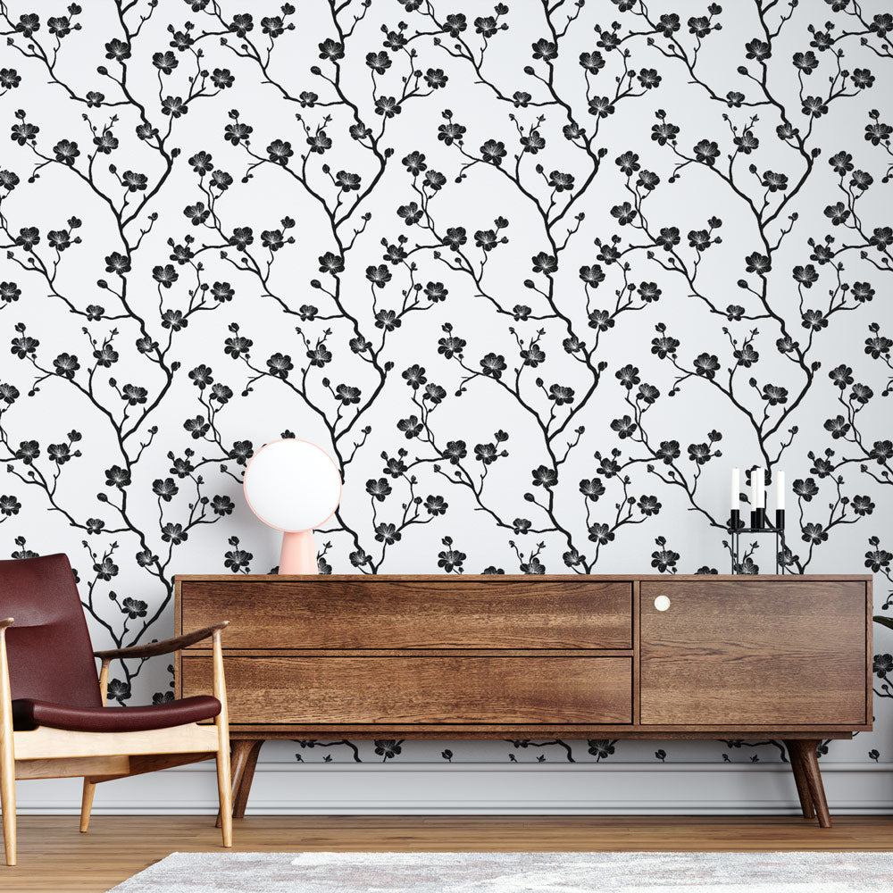 Floral Branches Wallpaper | Black Blooms on White