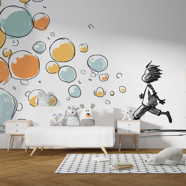 Colorful Bubbles Wallpaper | Child and Cat Among Joyful Bubbles