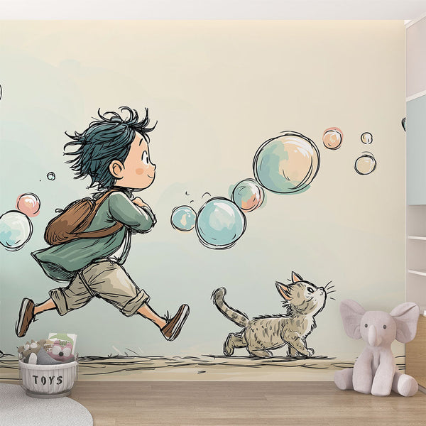 Bubbles Wallpaper | Child and Cat Playing Among Soap Bubbles