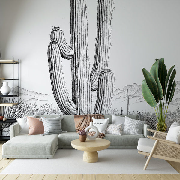 Cactus wallpaper | Black White Desert Drawing wall mural