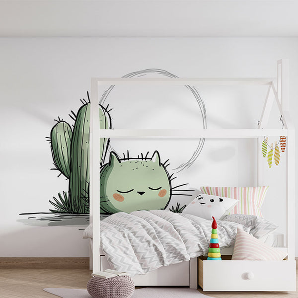 Sleeping Cactus Cat Wallpaper | Cute Kids Wall Mural