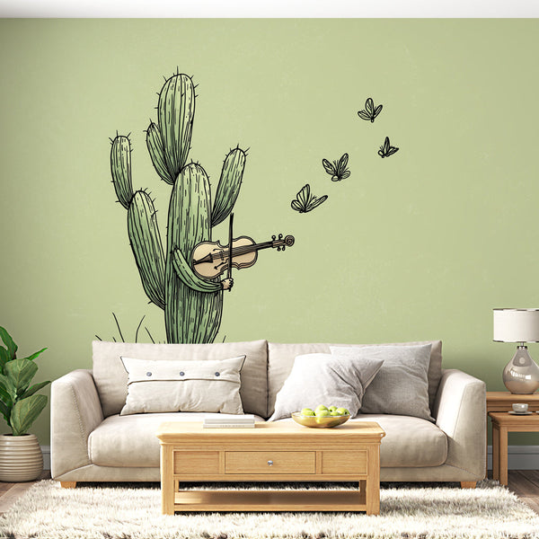 Musical Cactus Wallpaper | Violin and Butterflies Mural