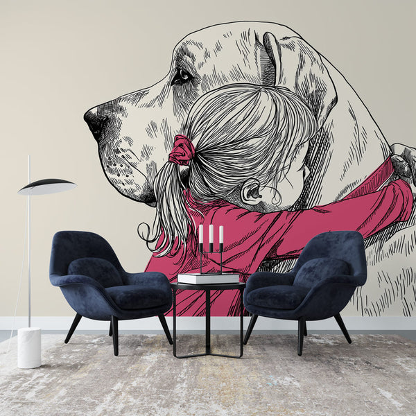 Child and Dog Wallpaper | Tender Hug in Illustrated Style