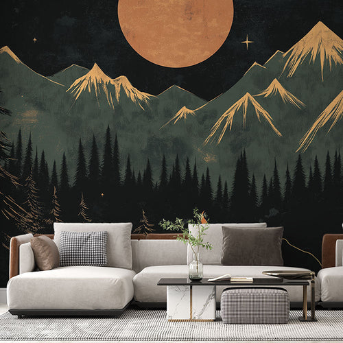 Camping wallpaper with bear by campfire under starry sky and snow-capped mountain peaks