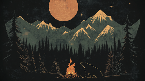 Camping Wallpaper | Mountains & Bear by Campfire