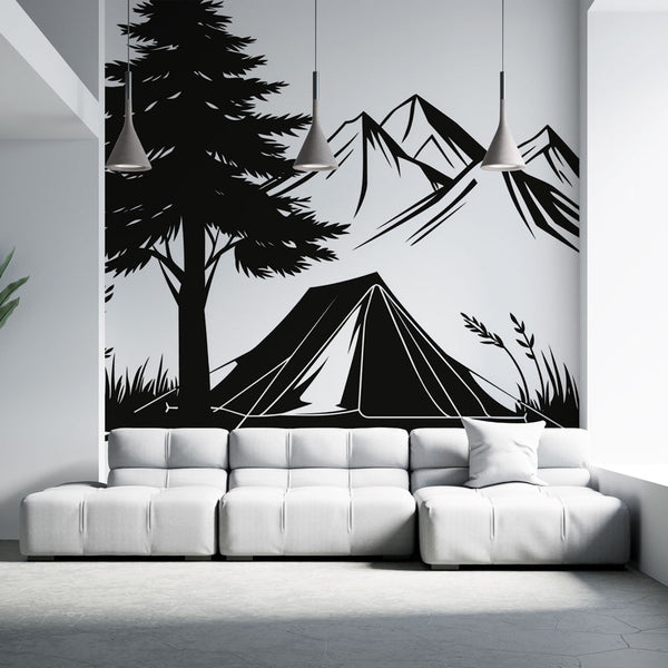 Camping Wallpaper | Black and White Tent with Mountain