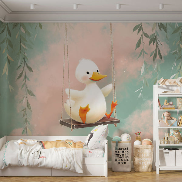 Happy Duck Wallpaper | Swing and Soft Foliage Kids Wall Mural