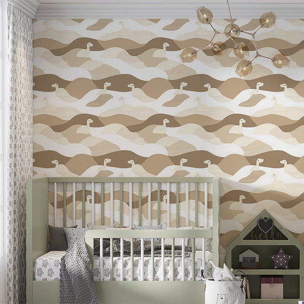 Duck Wallpaper | Ducks and Rolling Hills in Natural Tones
