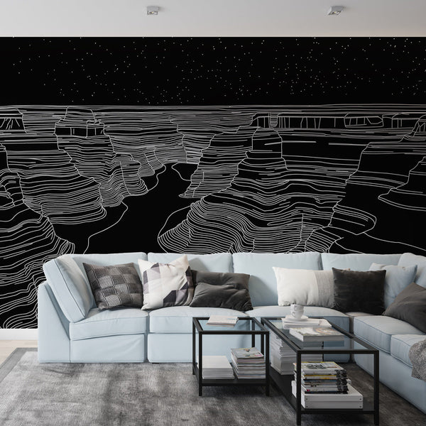 Stylised Canyon Wallpaper | White Lines on Black Background Wall Mural