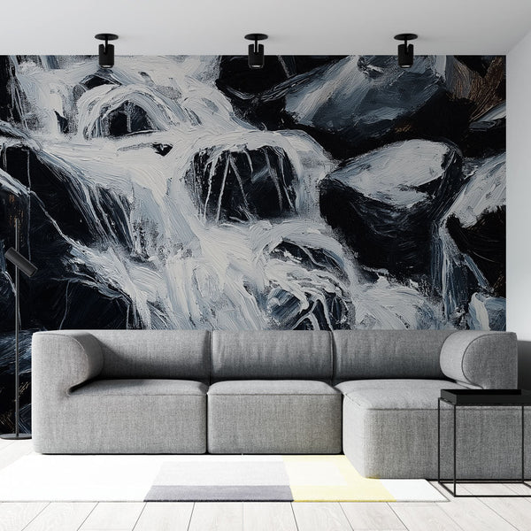 Waterfall Wallpaper | Black White Tumultuous Stream Mural