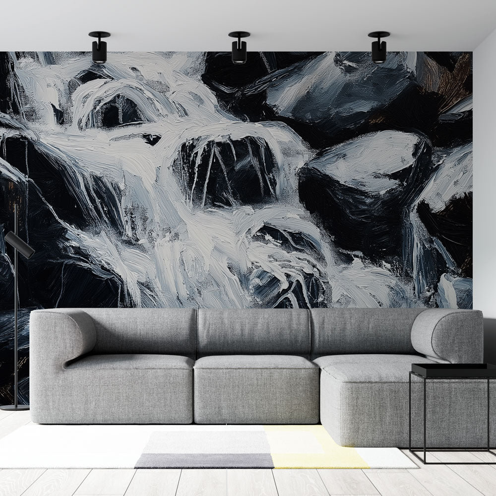 Waterfall Wallpaper | Black White Tumultuous Stream Mural