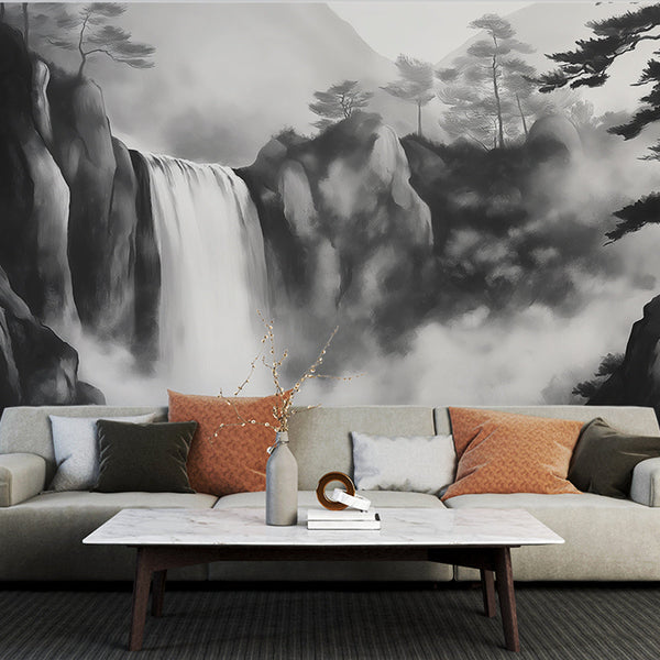 Waterfall Wall Mural | Landscape mountain black white avec waterfall d