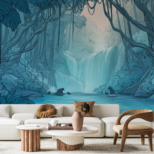 Tropical Waterfall Wallpaper | Bears by a Clear Jungle River