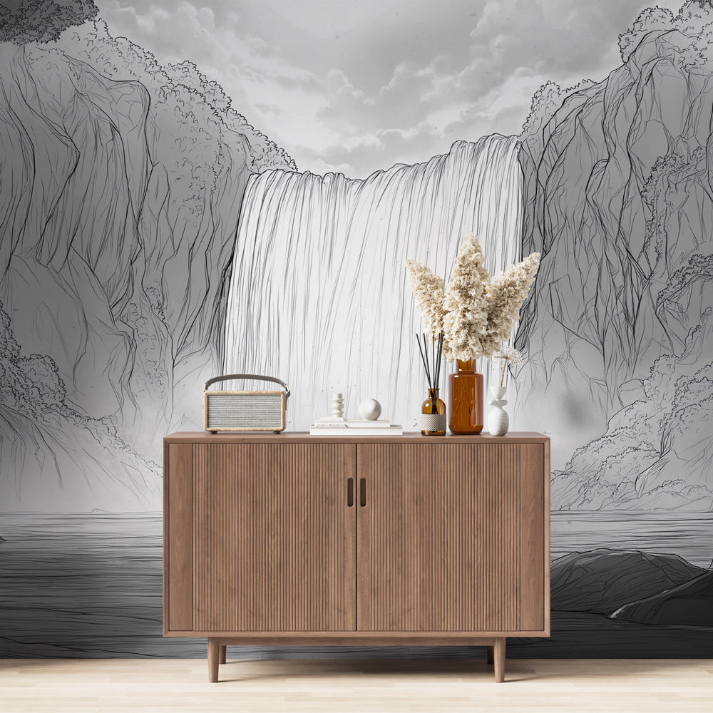 Cascade wallpaper | Majestic waterfall scene in black and white