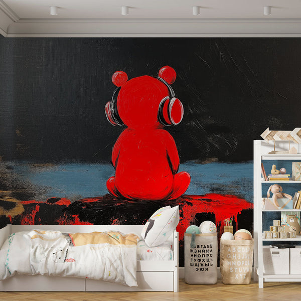 Bear with Headphones Wallpaper | Dark Backdrop Wall Mural