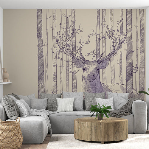 Line art deer wallpaper standing among slim trees in beige and violet tones