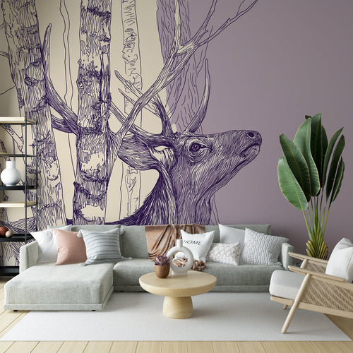 Delicate line art deer wallpaper among fine trees in violet and beige tones