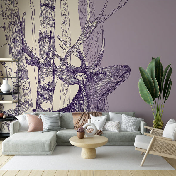 Deer and Trees Wallpaper | Delicate Stag in a Violet Forest