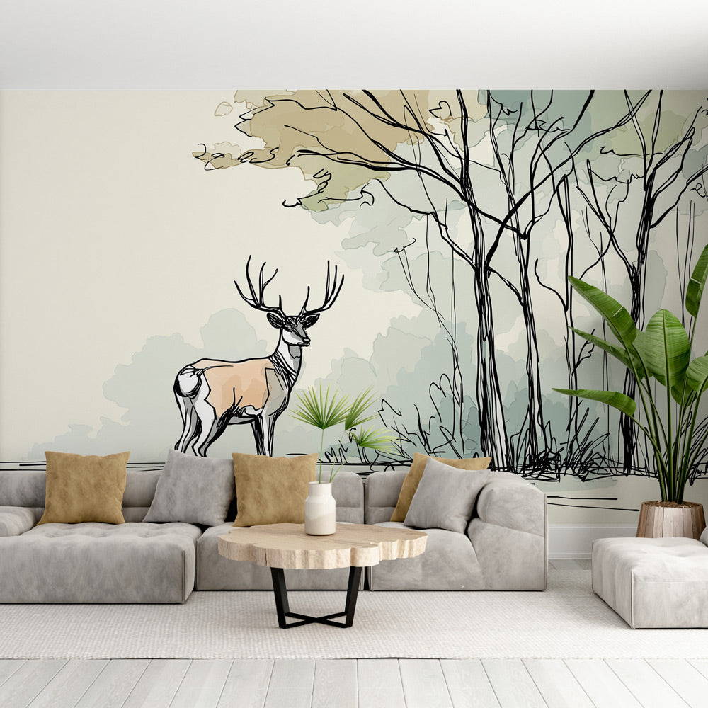 Deer and Trees Wallpaper | Elegant Stag Among Sketched Woods