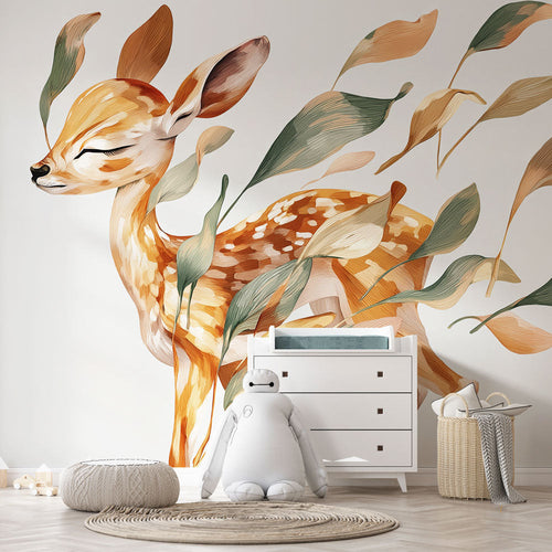 Deer wallpaper with speckled fawn among colorful stylized leaves