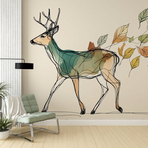 Deer and Foliage Wallpaper | Stag with Colorful Falling Leaves