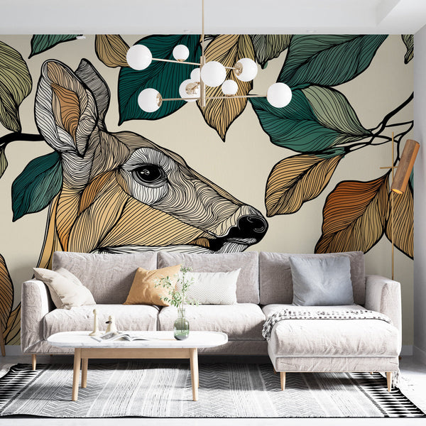 Deer and Foliage Wall Mural | Stylized Stag with Autumn Leaves
