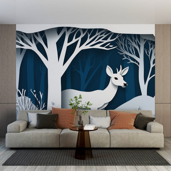 Deer Wallpaper | Winter Forest White Wall Mural