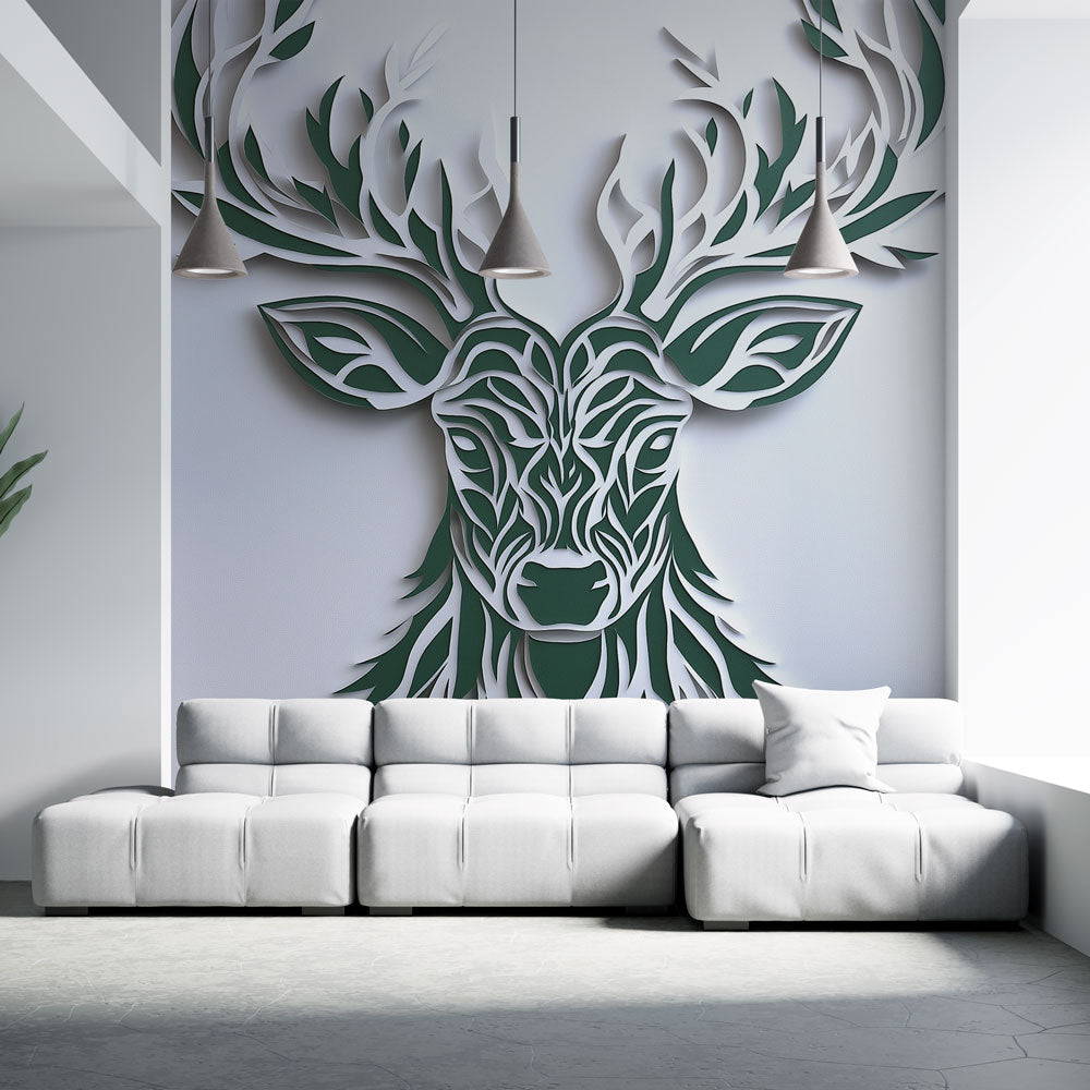 Stylized Deer Wallpaper | Papercut Leaf Antler Wall Mural