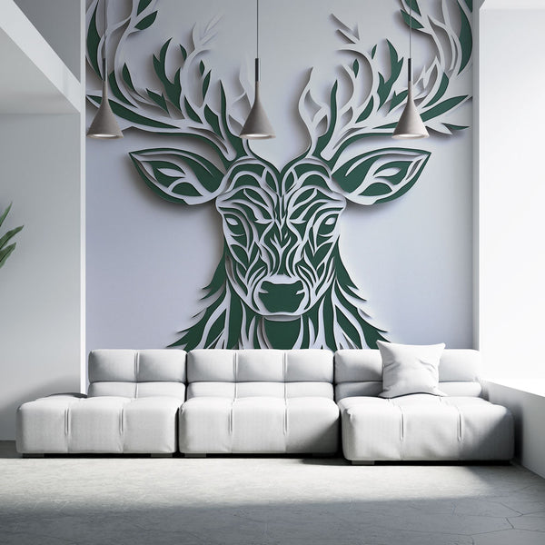 Stylized Deer Wallpaper | Papercut Leaf Antler Wall Mural