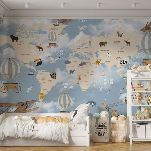 World map wallpaper with animals, vintage planes and hot-air balloons above continents