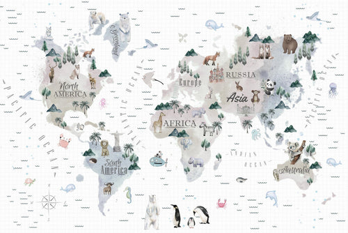 Animal World Map Wallpaper | Watercolour Wall Mural