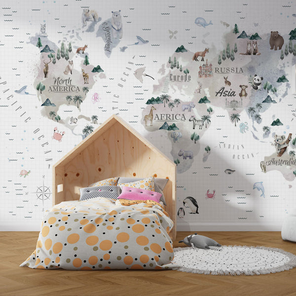 Animal World Map Wallpaper | Watercolour Wall Mural