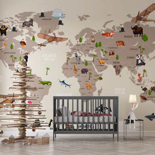 Kids World Map Wallpaper | Animal Continents Wall Mural
