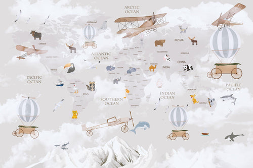 Beige World Map Wallpaper | Animals & Balloons Wall Mural
