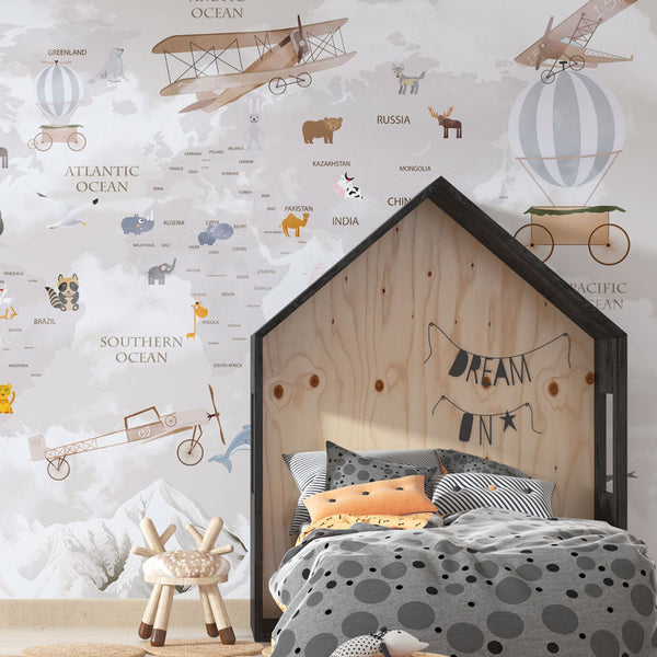 Beige World Map Wallpaper | Animals & Balloons Wall Mural