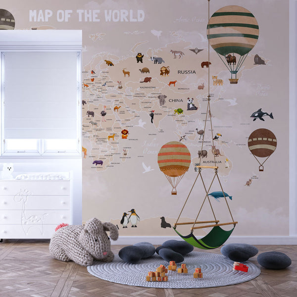 World Map Animals Balloons Wallpaper | Wall Mural