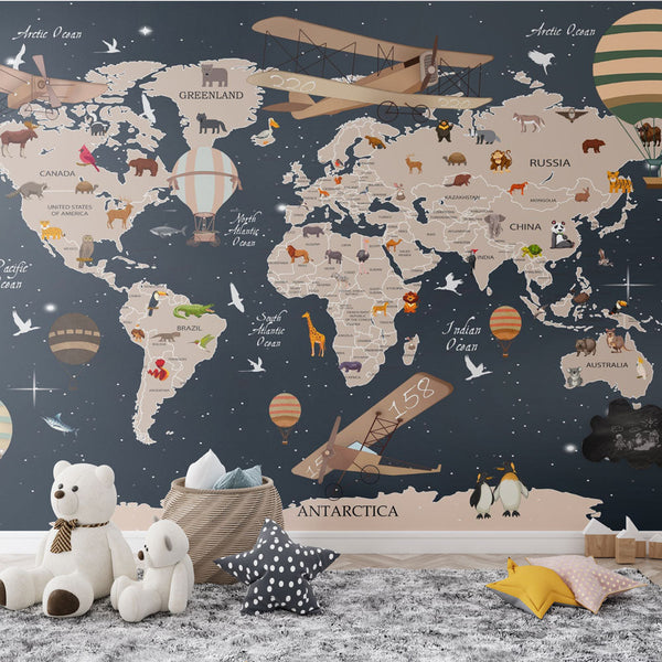 Night Blue World Map Wallpaper | Animal Wall Mural