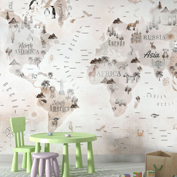 Animal Landscape World Map Wallpaper | Wall Mural