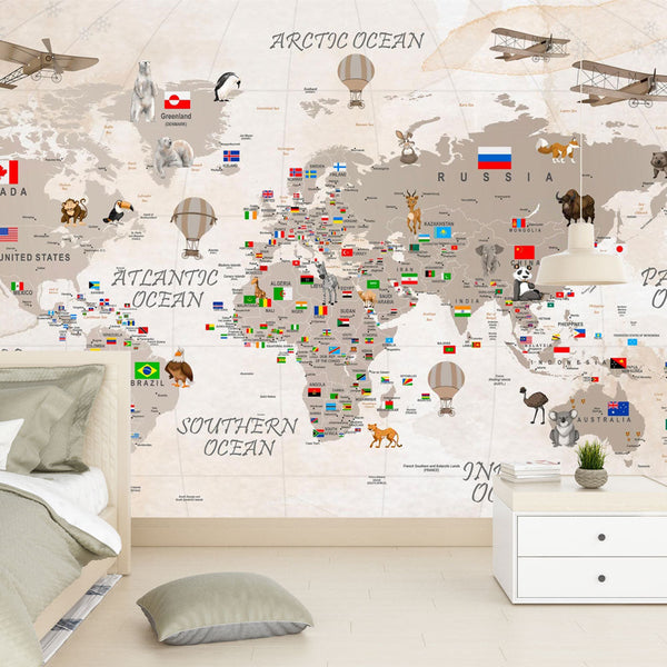 World Map Flags & Animals Wallpaper | Wall Mural