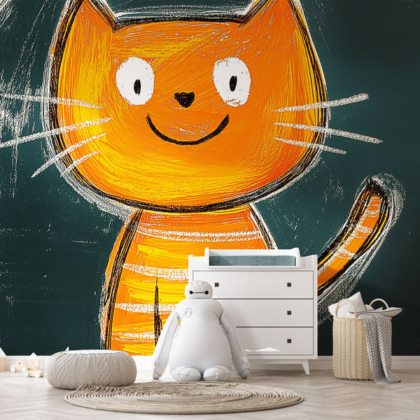 Fun Cat Wallpaper | Orange Smile Blue Wall Mural