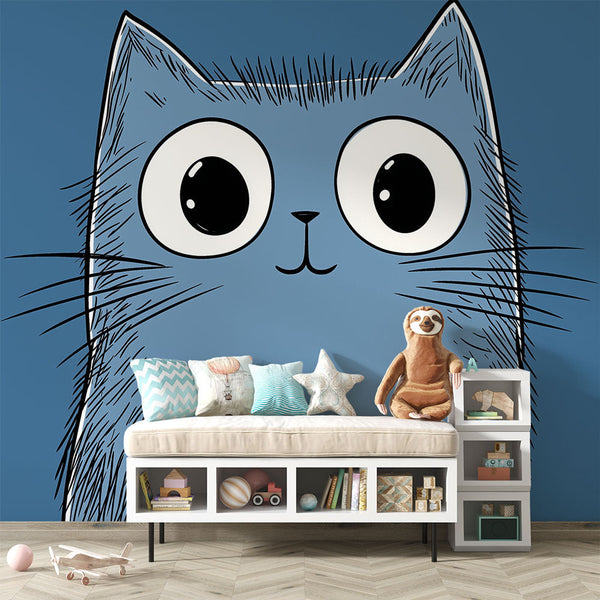 Animated Blue Cat Wallpaper | Big-Eyed Feline Illustration
