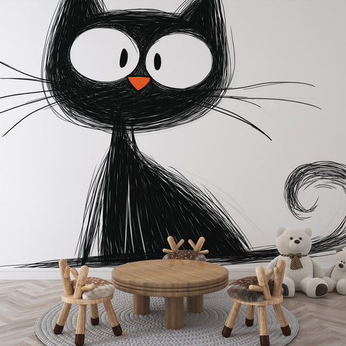 Artistic cat wallpaper with stylised black feline sketch and expressive eyes