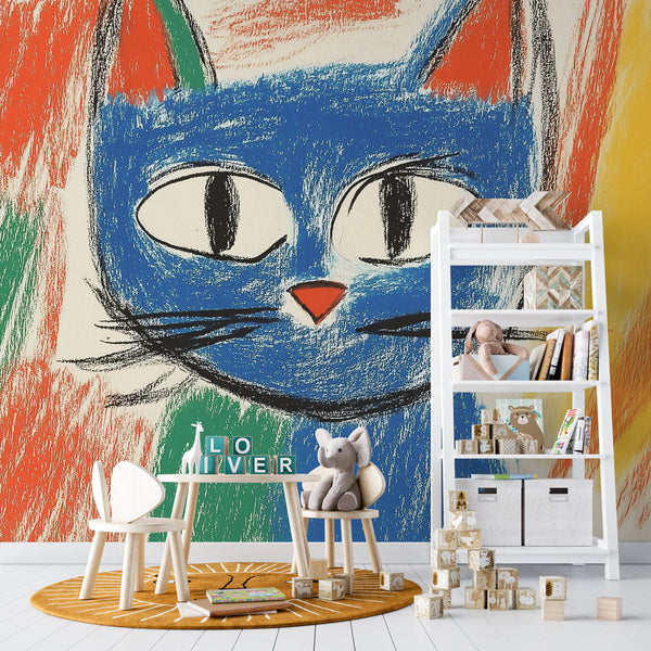 Blue Cat Wallpaper | Vivid Colorful Wall Mural Design