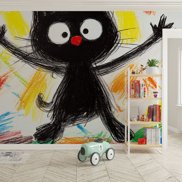 Joyful Black Cat Wallpaper | Vivid Pastel Wall Mural