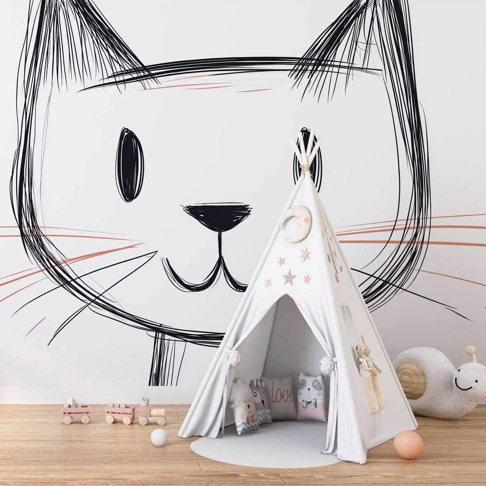 Minimalist Smiling Cat Wallpaper | Line Drawing Mural