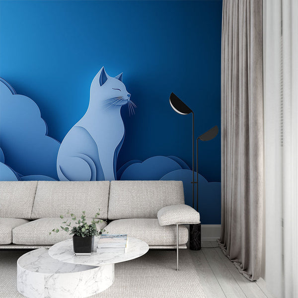 Paper Cat Wallpaper | Stylized Wall Mural with Blue Clouds