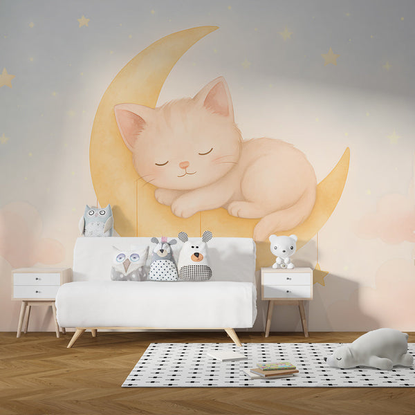 Cat on the Moon Wallpaper | Kitten Asleep in a Starry Night