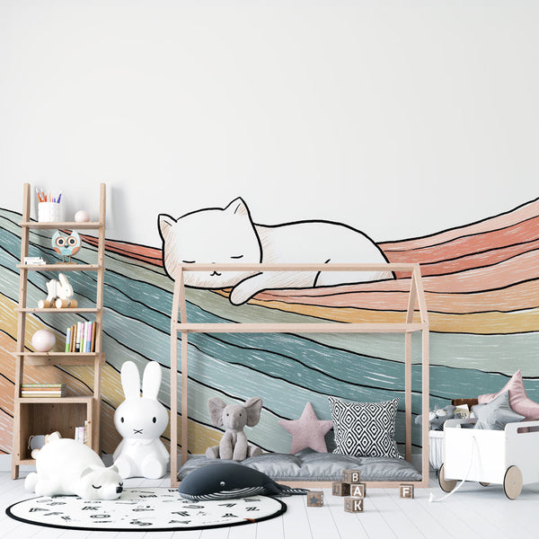 Sleeping Cat Wallpaper | White Cat on Pastel Waves