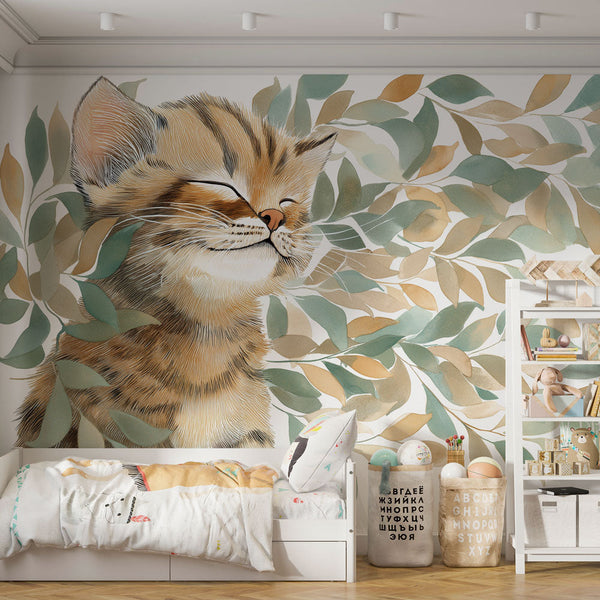 Cat and Foliage Wallpaper | Smiling Kitten Among Leaves