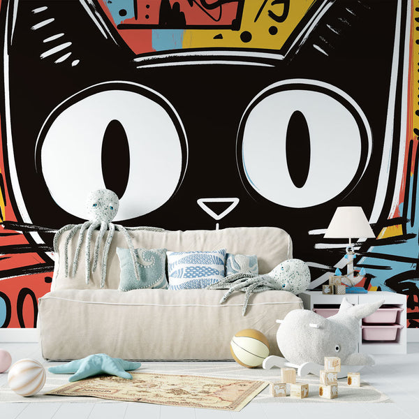 Graphic Cat Face Wallpaper | Abstract Pop Art Mural
